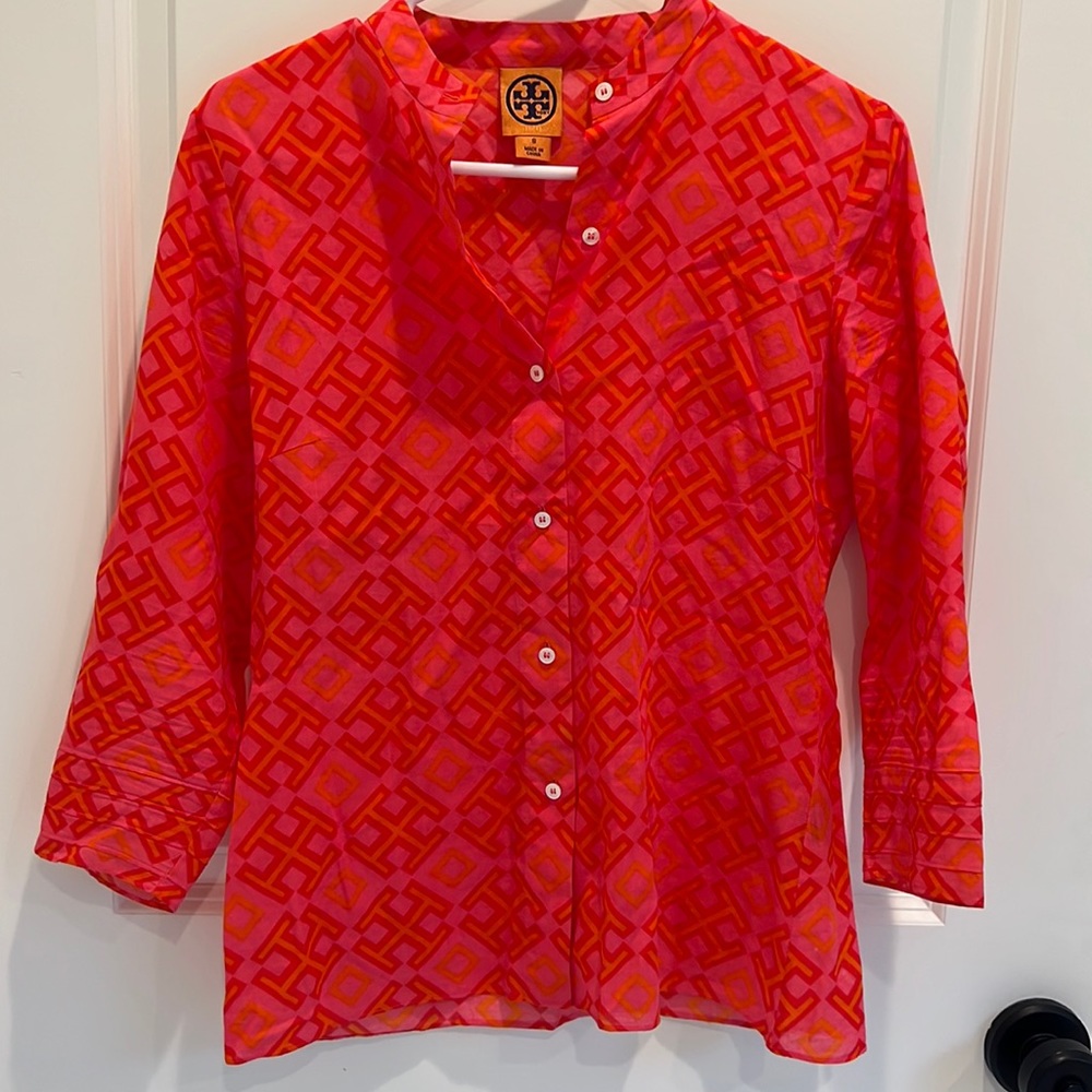 Tory Burch pink and orange patterned cotton blouse, size S